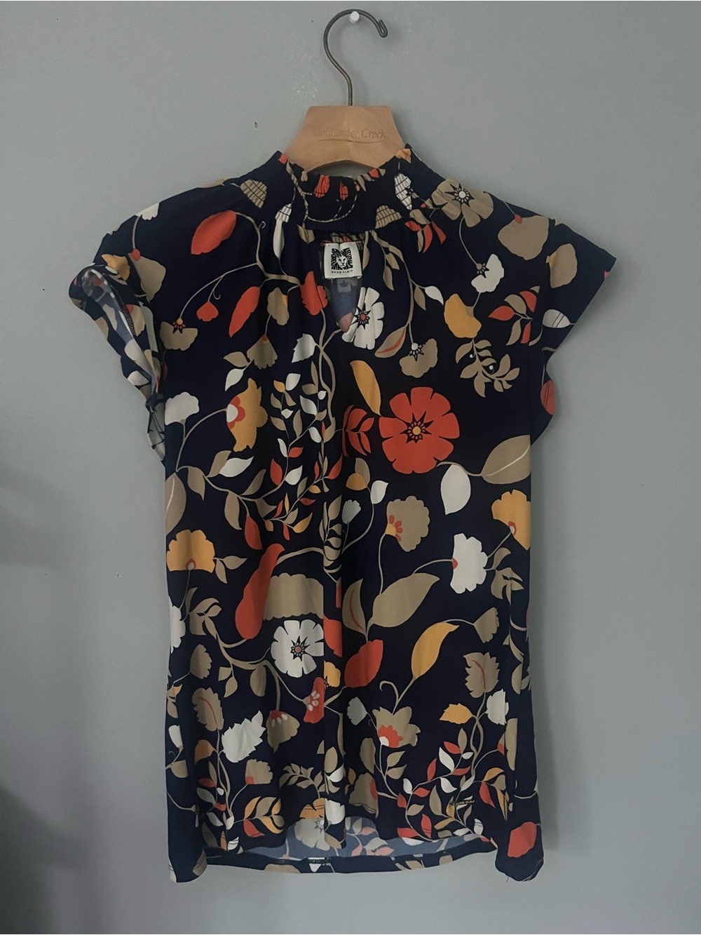 Anne Klein Navy Floral Smocked Neck Blouse with Red & Tan Flowers